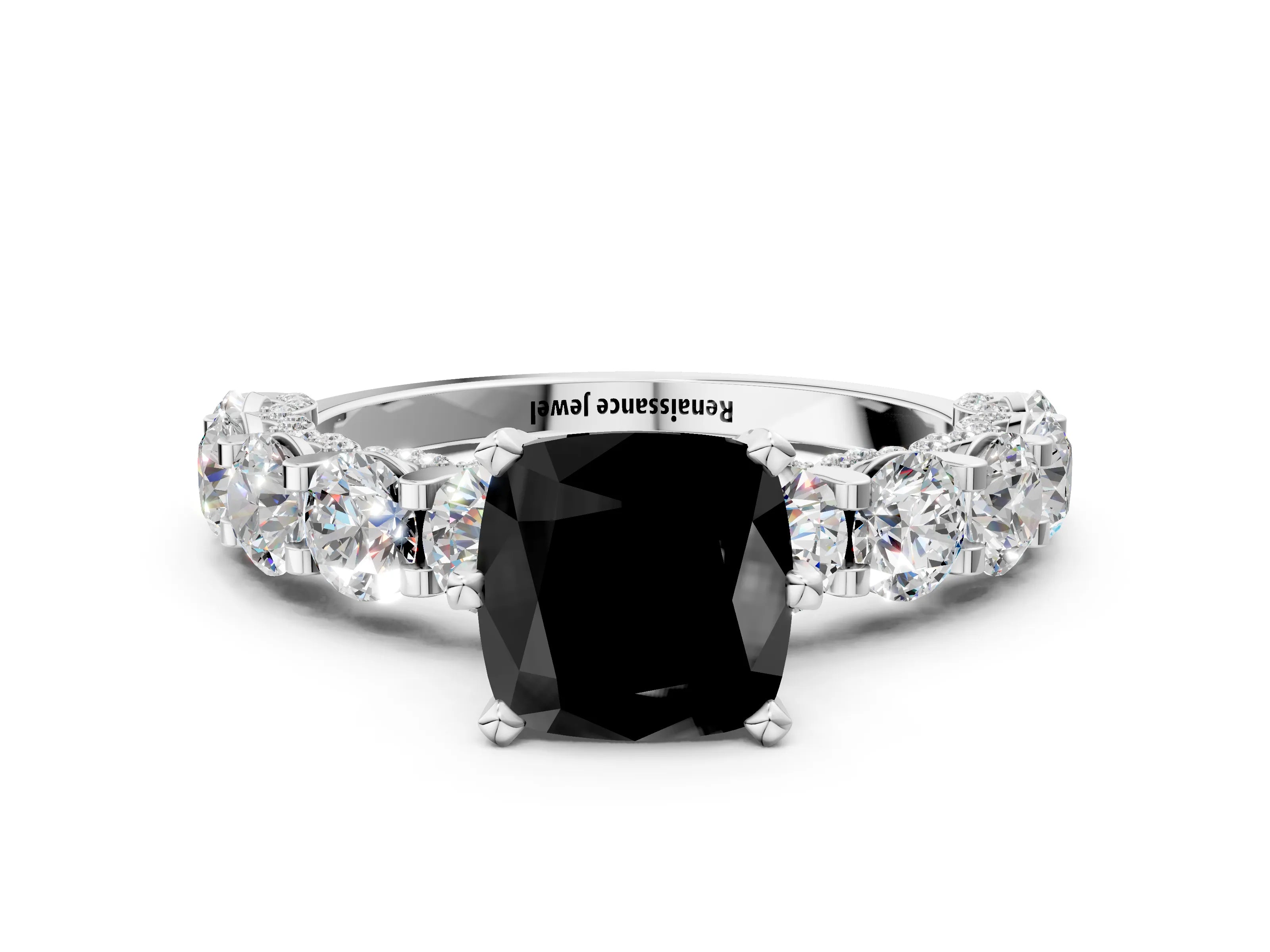 White gold Fancy Black Cushion Cut Diamond Side Stone Engagement Ring with Four-Prong Setting_24