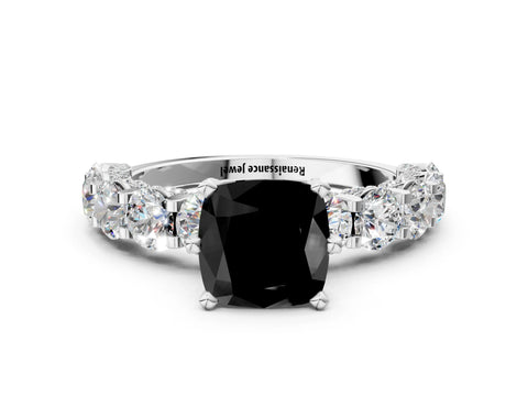 White gold Fancy Black Cushion Cut Diamond Side Stone Engagement Ring with Four-Prong Setting_24