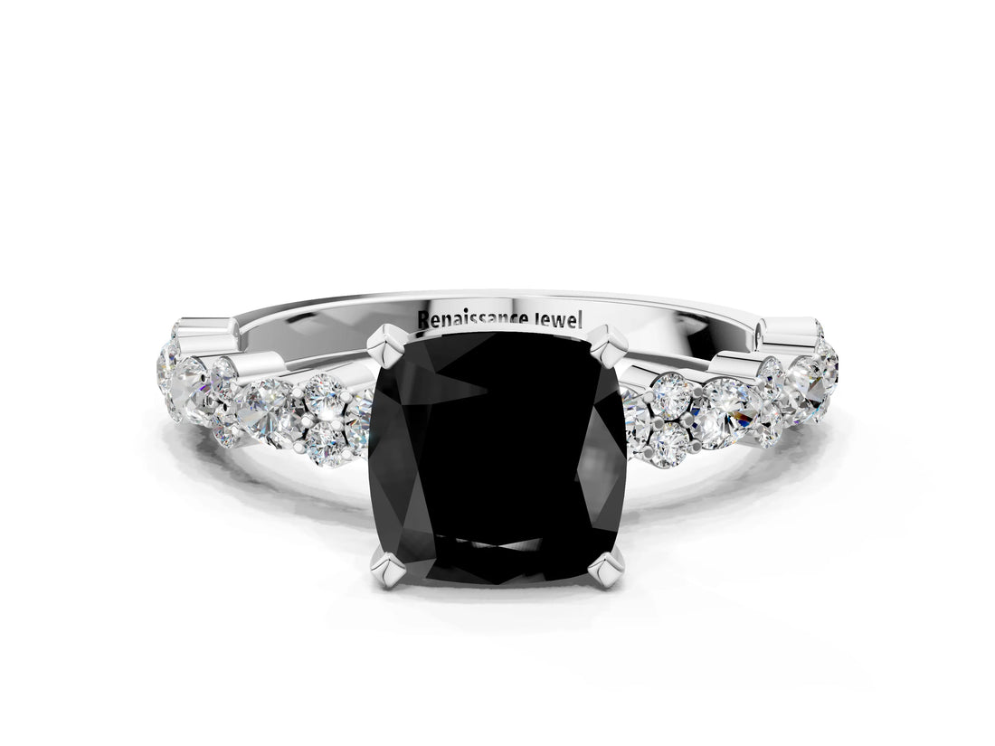 White gold Fancy Black Cushion Cut Diamond Side Stone Solitaire Ring with Round  and Four-Prong Setting_48