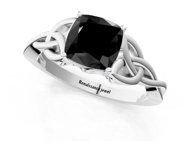 Platinum Cushion Cut Celtic Knot Solitaire Engagement Ring Setting for Black Center