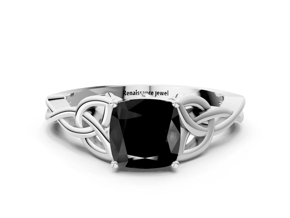 White gold Fancy Black Cushion Cut Diamond Solitaire Engagement Ring with Celtic Knot Band and Four-Prong Setting