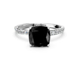 White gold Fancy Black Cushion Cut Diamond Solitaire Engagement Ring with Pavé Band and Prong Setting