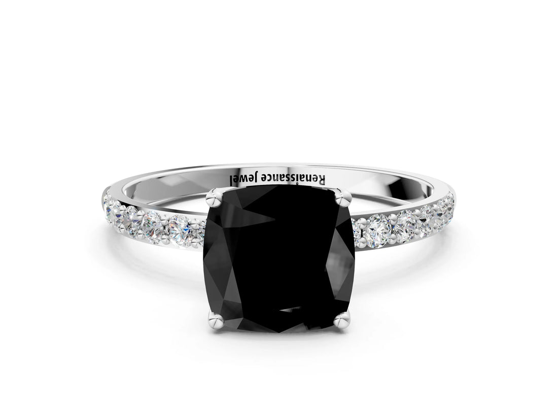 White gold Fancy Black Cushion Cut Diamond Solitaire Engagement Ring with Pavé Band and Prong Setting