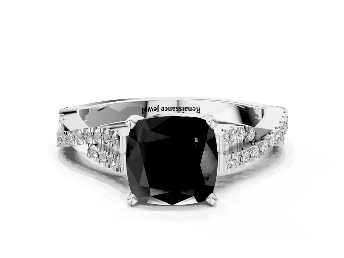 White gold Fancy Black Cushion Cut Diamond Solitaire Engagement Ring with Twisted Pavé Band and Four-Prong Setting_72