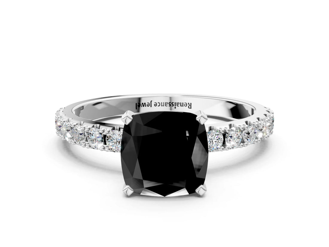 White gold Fancy Black Cushion Cut Diamond Solitaire Pavé Band with Four-Prong Setting