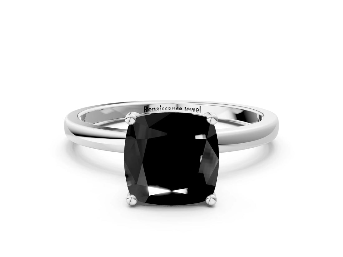 White gold Fancy Black Cushion Cut Diamond Solitaire Ring with Classic Band and Four-Prong Setting