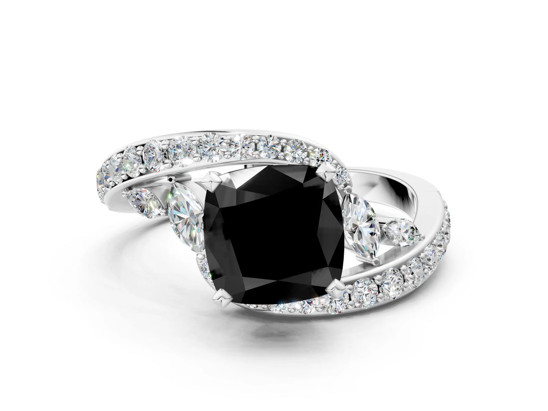 White gold Fancy Black Cushion Cut Diamond Solitaire Ring with Filigree Band and Four-Prong Setting_12