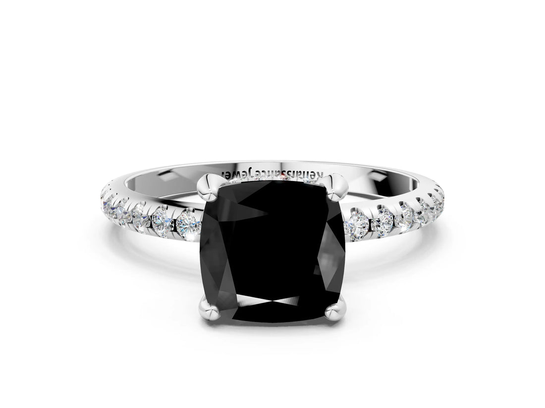 White gold Fancy Black Cushion Cut Diamond Solitaire Ring with Four-Prong Setting and Pavé Band_3