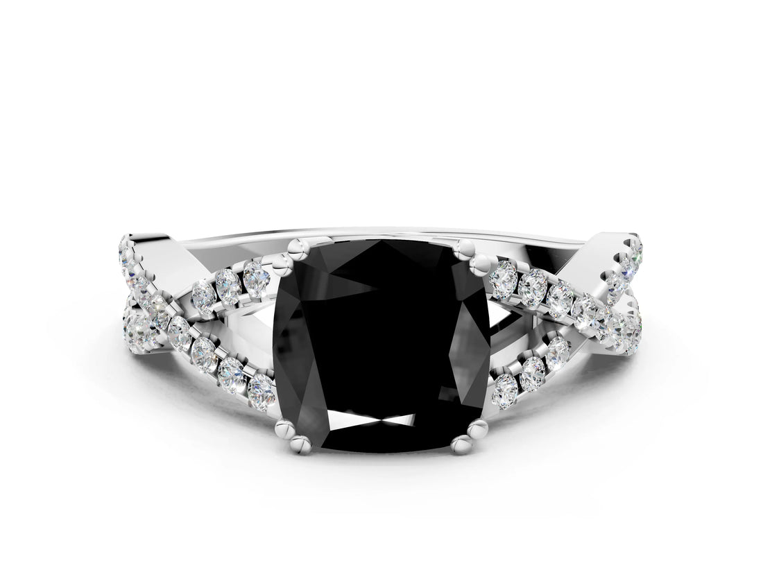 White gold Fancy Black Cushion Cut Diamond Solitaire Ring with Four-Prong Setting and Twisted Pavé Band_24