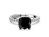 White gold Fancy Black Cushion Cut Diamond Solitaire Ring with Pavé Accents and Four-Prong Setting