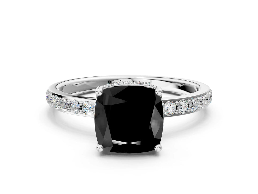 White gold Fancy Black Cushion Cut Diamond Solitaire Ring with Pavé Band and Hidden Halo_24