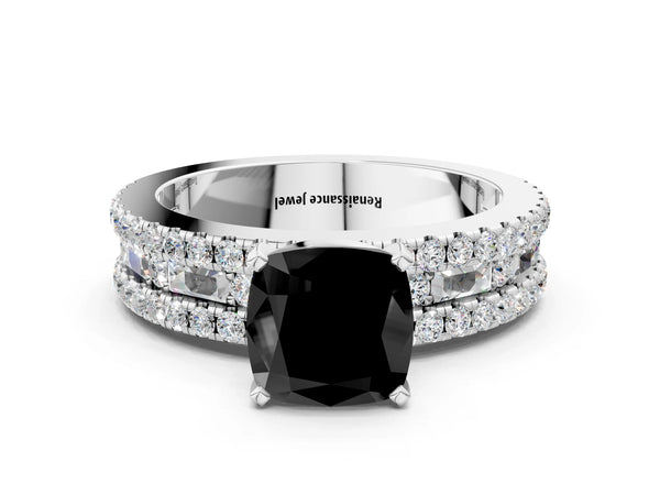 Platinum Cushion Cut Pave and Baguette Engagement Ring Setting for Black Center