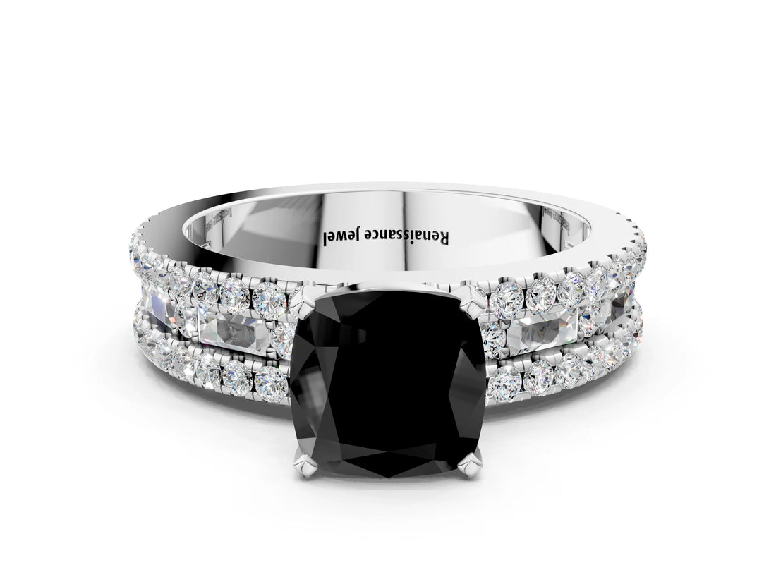 White gold Fancy Black Cushion Cut Diamond Solitaire Ring with Pavé and Channel Set Band
