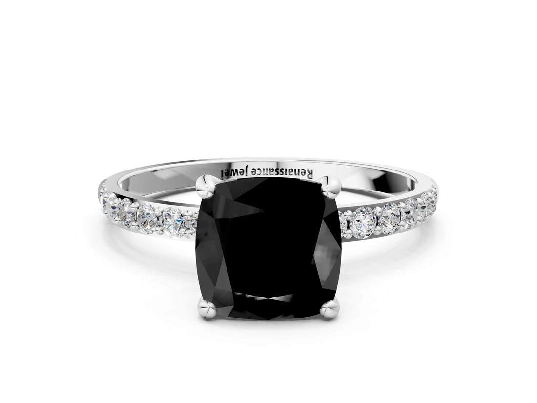 White gold Fancy Black Cushion Cut Diamond Solitaire Ring with Pave Band and Four Prong Setting_24