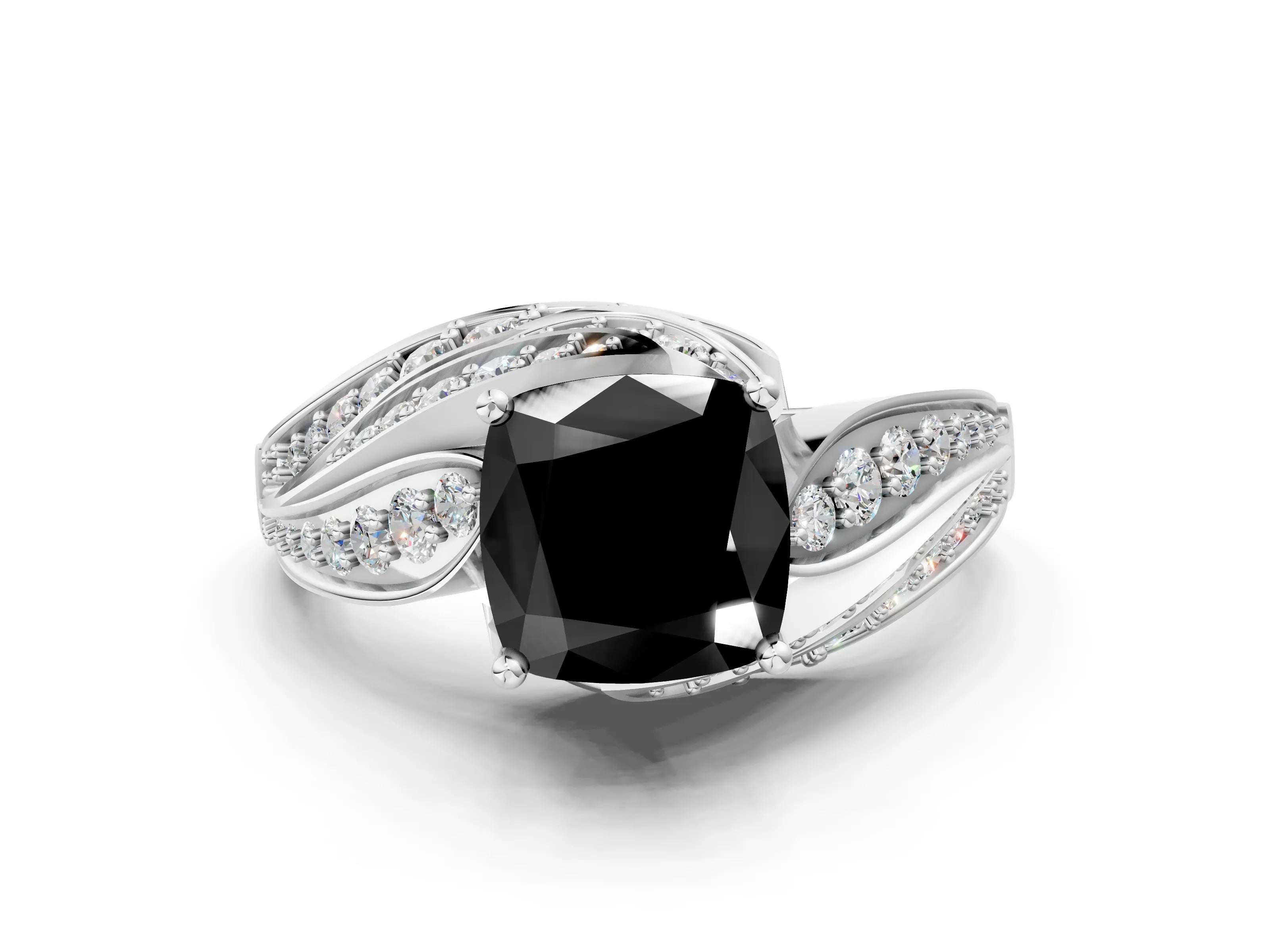 White gold Fancy Black Cushion Cut Diamond Solitaire Ring with Prong Setting and Twisted Pavé Band_24