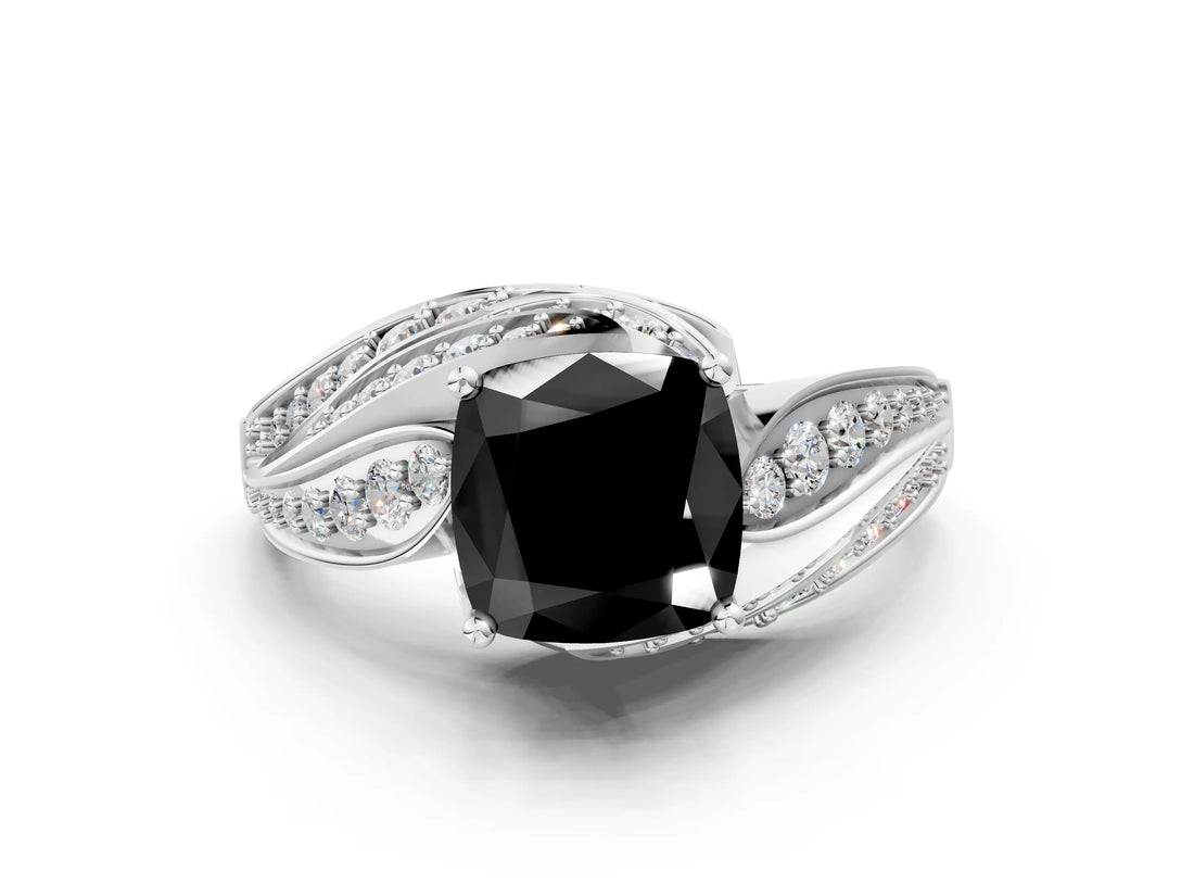 White gold Fancy Black Cushion Cut Diamond Solitaire Ring with Prong Setting and Twisted Pavé Band_24
