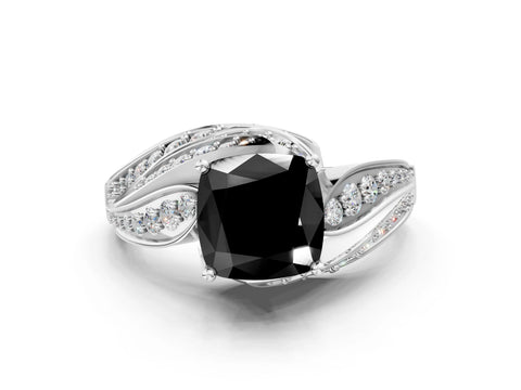 White gold Fancy Black Cushion Cut Diamond Solitaire Ring with Prong Setting and Twisted Pavé Band_24