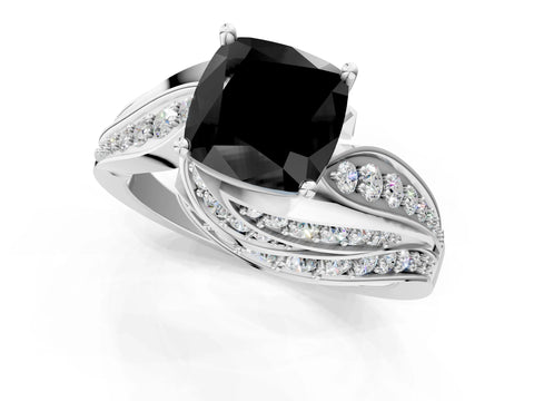 White gold Fancy Black Cushion Cut Diamond Solitaire Ring with Prong Setting and Twisted Pavé Band_25