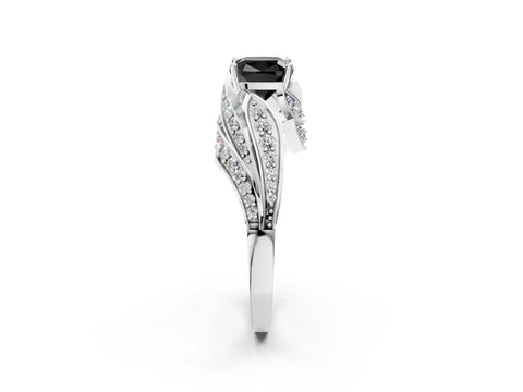 White gold Fancy Black Cushion Cut Diamond Solitaire Ring with Prong Setting and Twisted Pavé Band_26