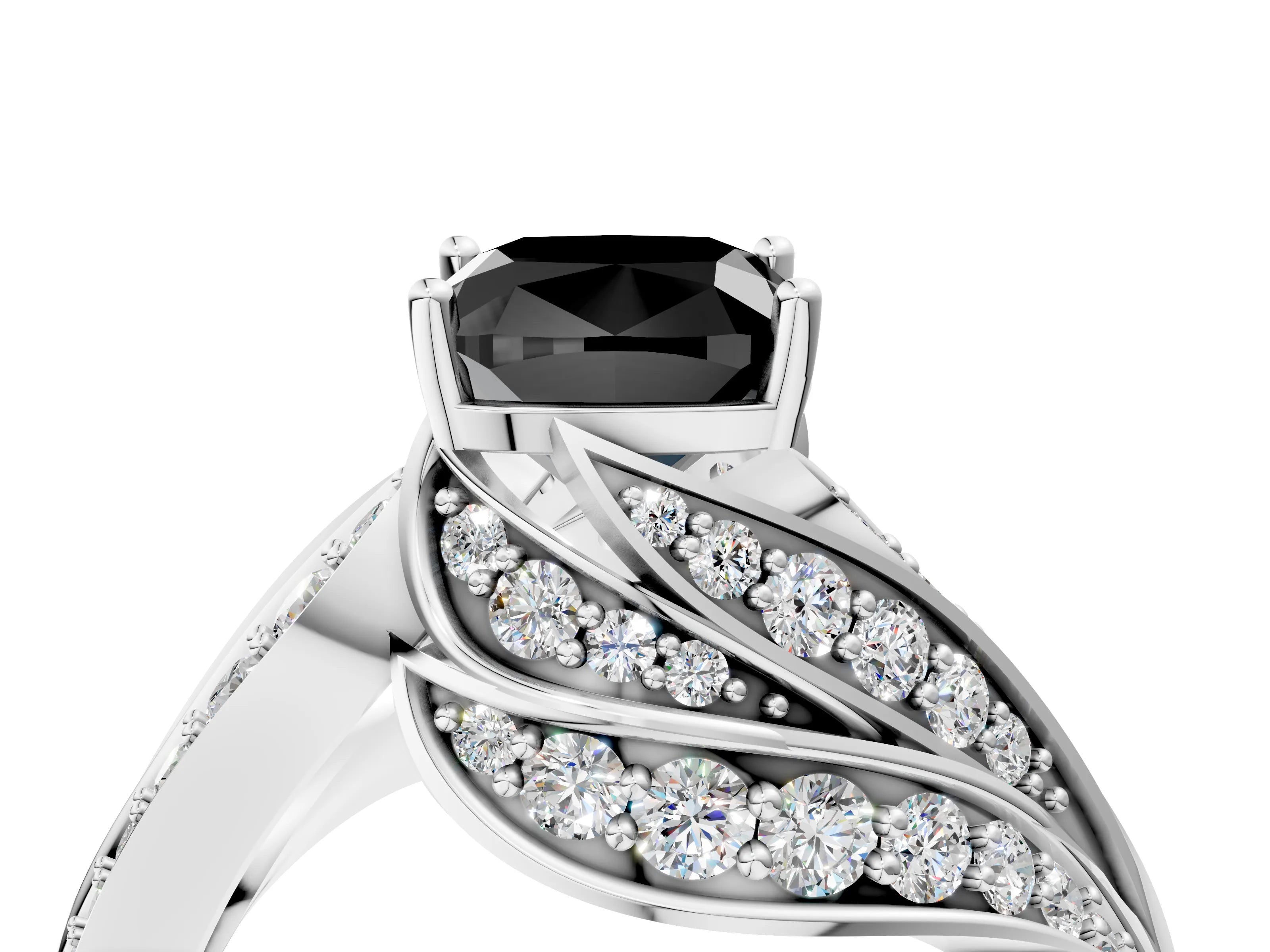 White gold Fancy Black Cushion Cut Diamond Solitaire Ring with Prong Setting and Twisted Pavé Band_28