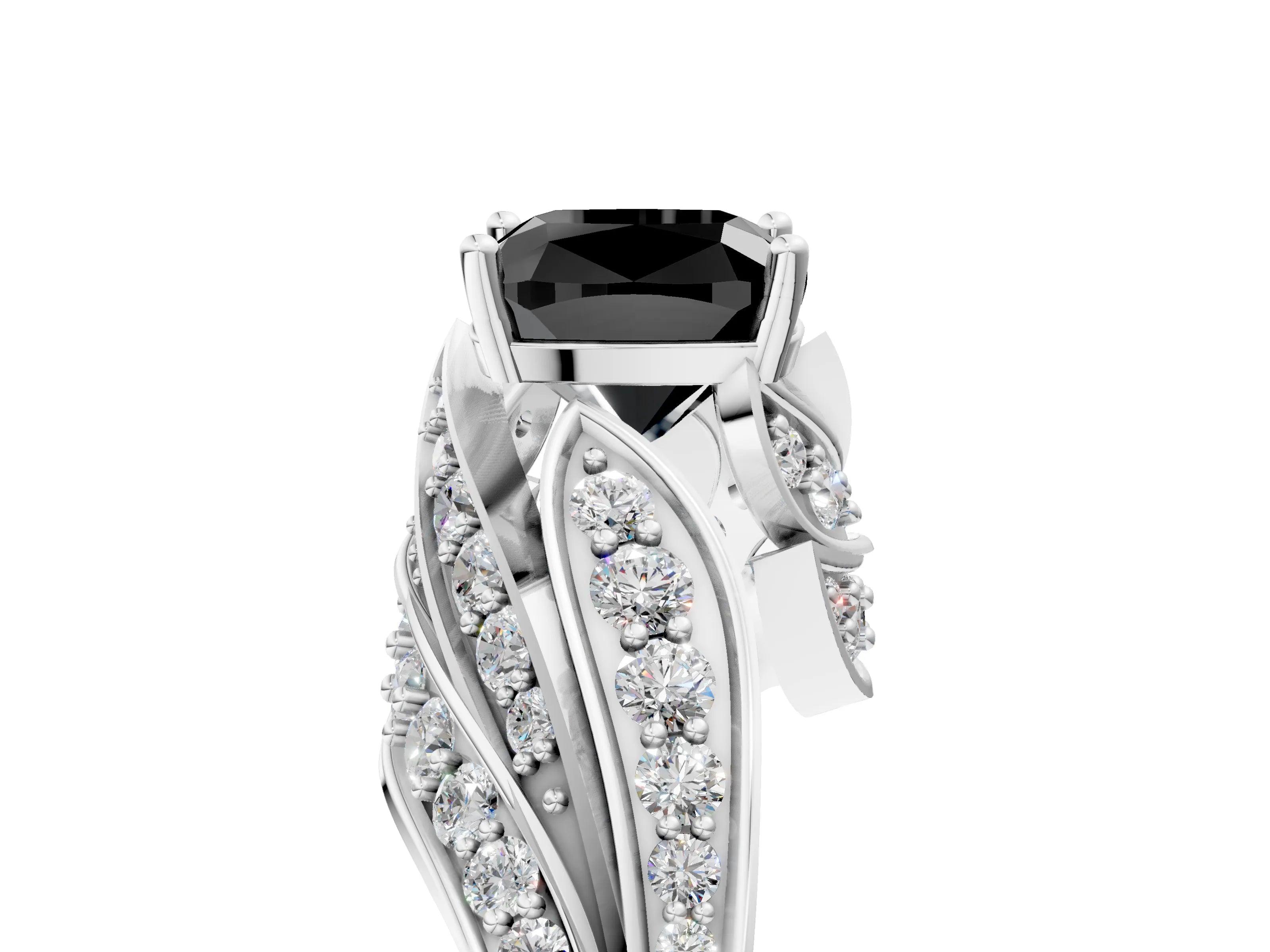White gold Fancy Black Cushion Cut Diamond Solitaire Ring with Prong Setting and Twisted Pavé Band_29