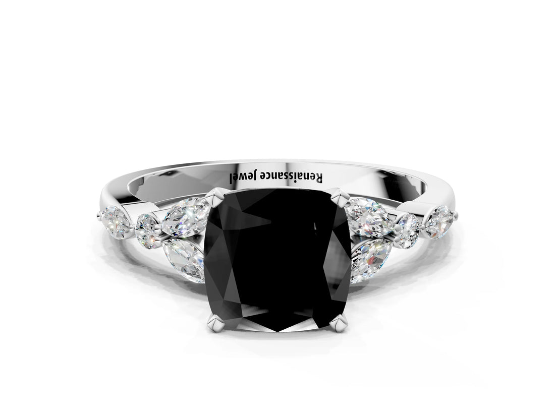 White gold Fancy Black Cushion Cut Diamond Solitaire Ring with Side Stones and Four-Prong Setting_36