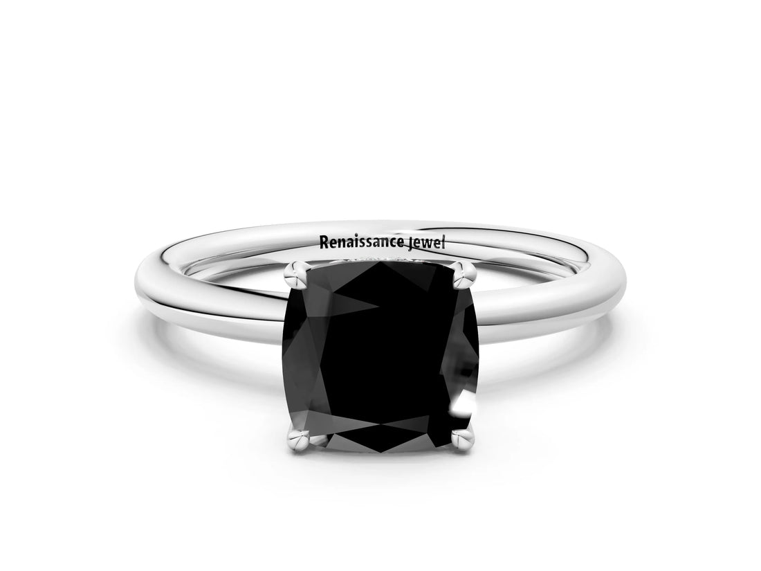 White gold Fancy Black Cushion Cut Diamond Solitaire Ring with Thin Band and Four-Prong Setting