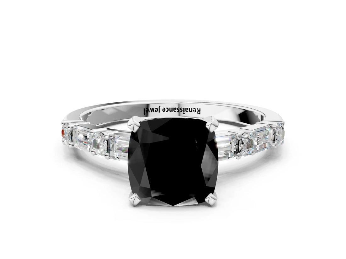 White gold Fancy Black Cushion Cut Diamond Solitaire with Side Baguettes and Channel Set Band