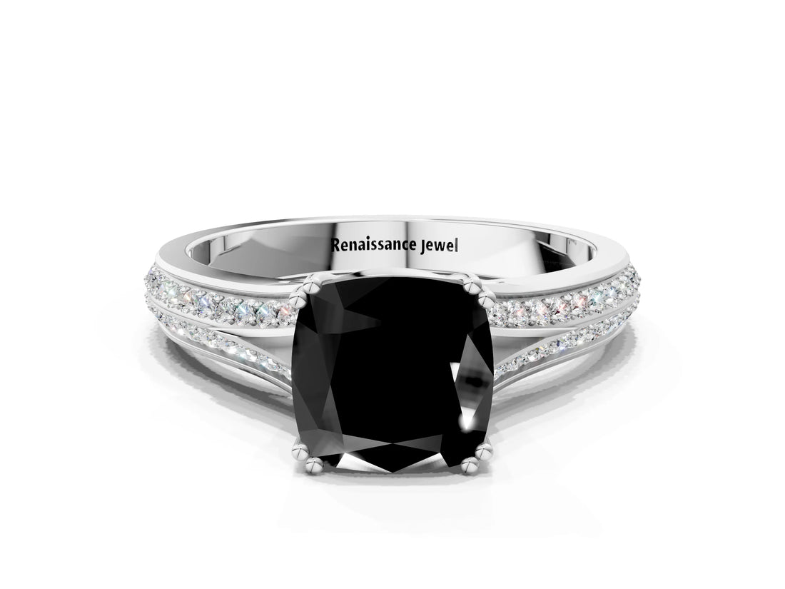 White gold Fancy Black Cushion Cut Diamond Split Shank Engagement Ring with Pavé Band