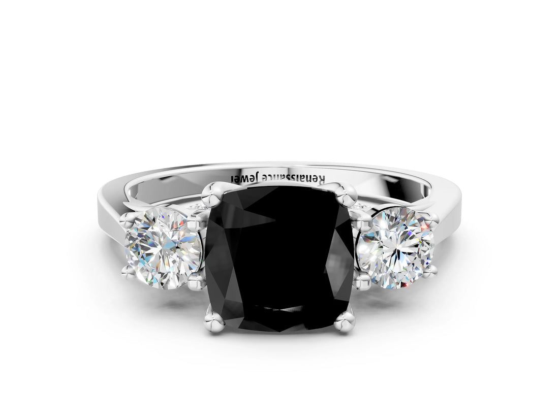 White gold Fancy Black Cushion Cut Diamond Three-Stone Engagement Ring with Prong Setting and Pavé Band_12