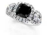 White gold Fancy Black Cushion Cut Diamond Three-Stone Halo Ring with Prong Setting and Pavé Accents_1