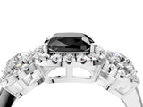 White gold Fancy Black Cushion Cut Diamond Three-Stone Halo Ring with Prong Setting and Pavé Accents_4