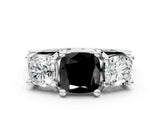 White gold Fancy Black Cushion Cut Diamond Three-Stone Ring with Channel Set Band and Four-Prong Setting_24