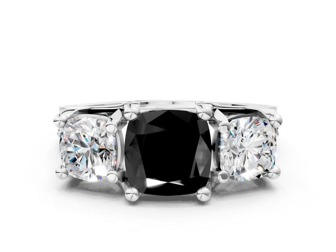 White gold Fancy Black Cushion Cut Diamond Three-Stone Ring with Channel Set Band and Four-Prong Setting_24