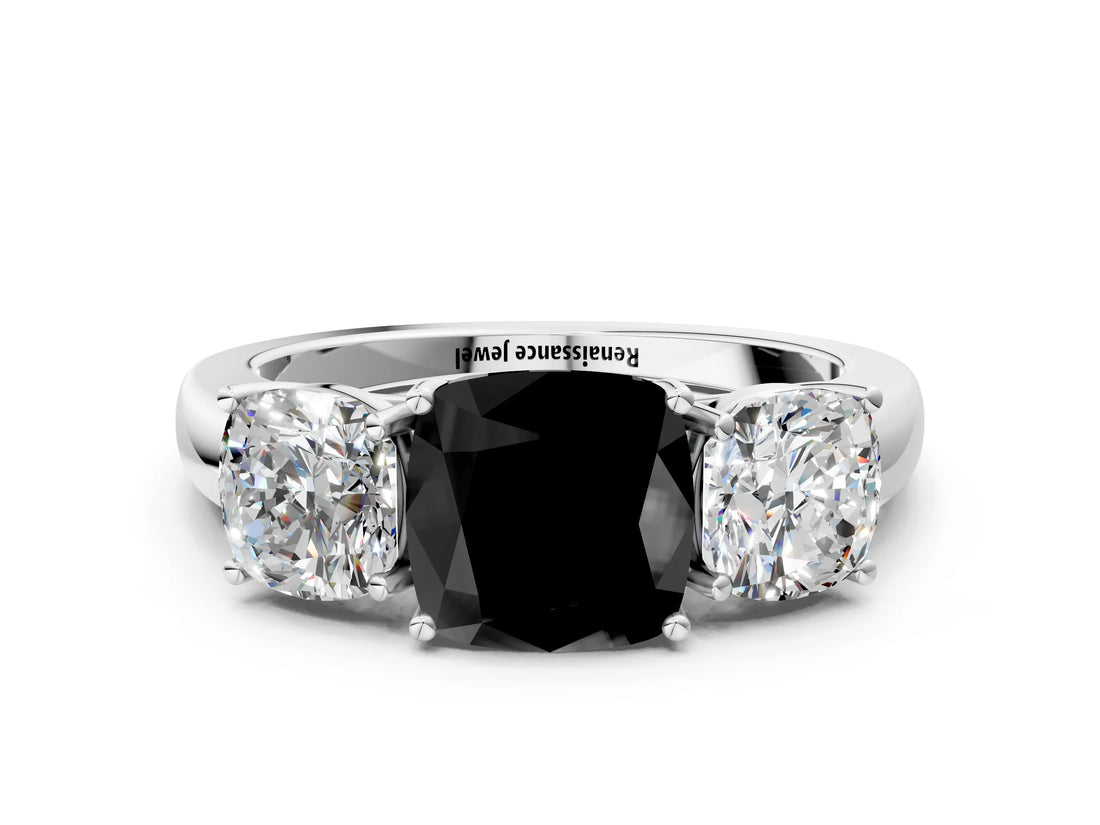 White gold Fancy Black Cushion Cut Diamond Three-Stone Ring with Four-Prong Setting and Classic Band
