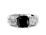 White gold Fancy Black Cushion Cut Diamond Three-Stone Ring with Four-Prong Setting and Classic Band