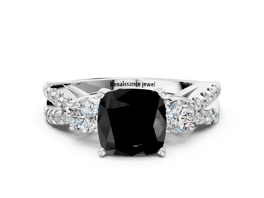 White gold Fancy Black Cushion Cut Diamond Three-Stone Ring with Pavé Split Shank and Four-Prong Setting