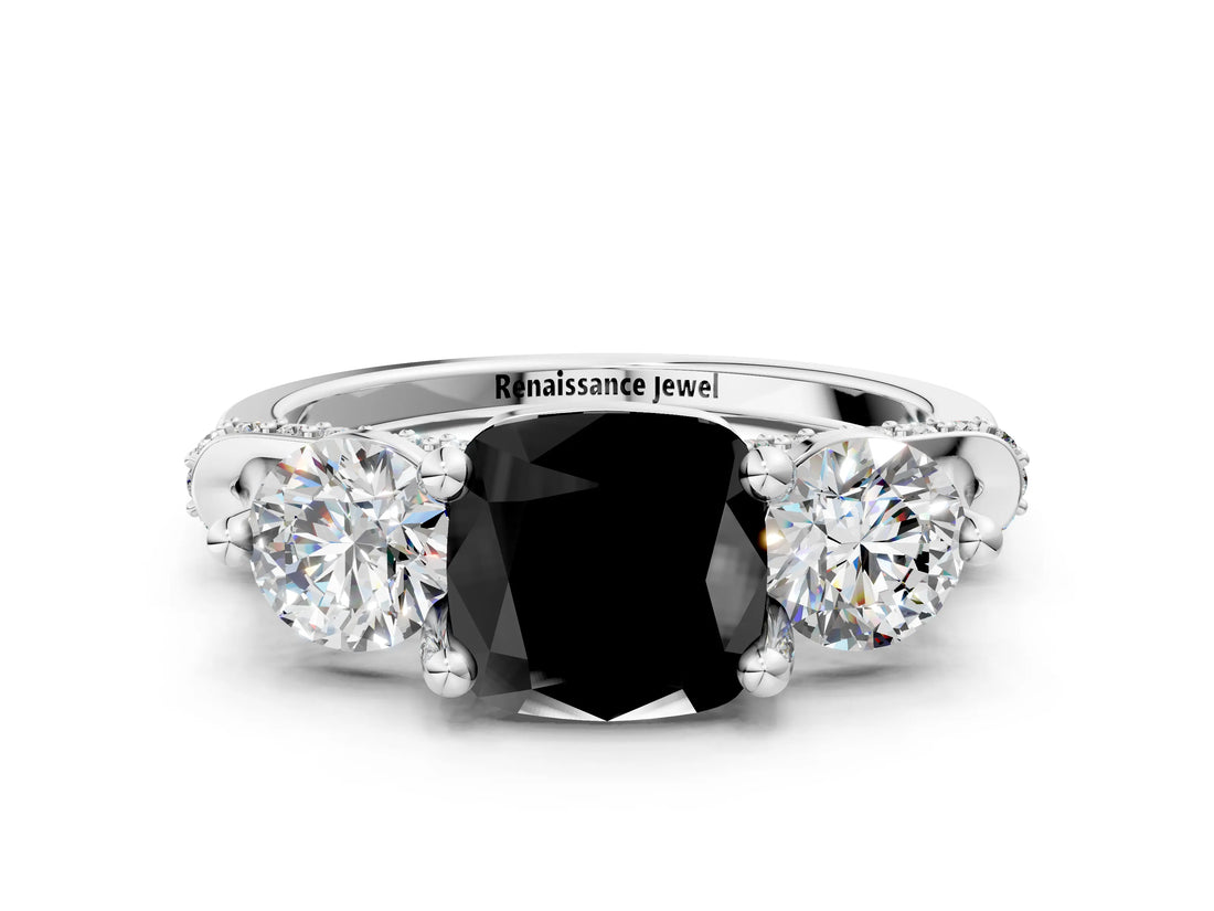 White gold Fancy Black Cushion Cut Diamond Three-Stone Ring with Prong Setting and Pavé Band