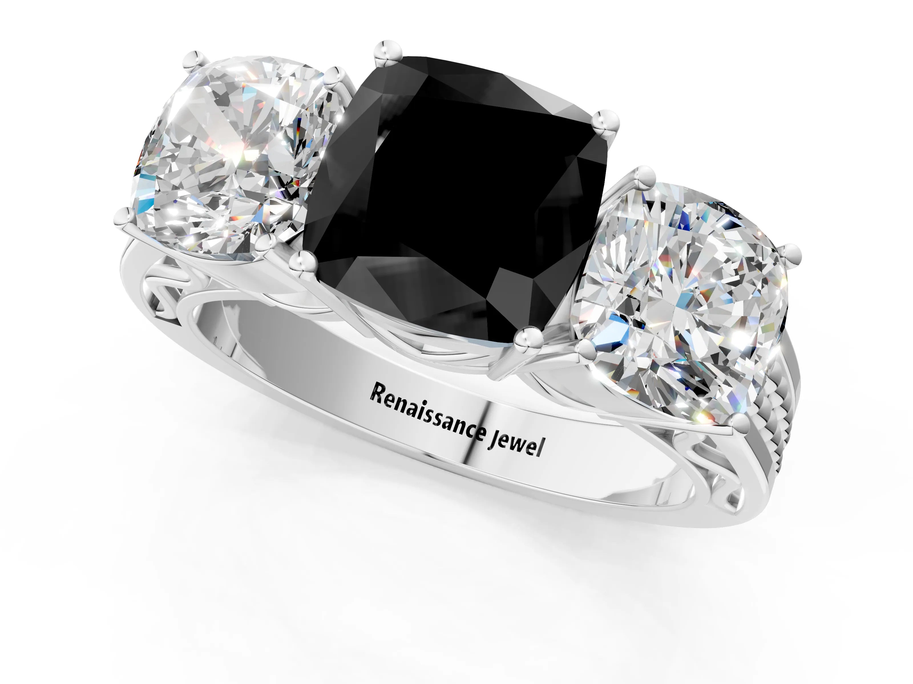 White gold Fancy Black Cushion Cut Diamond Three-Stone Ring with Prong Setting and Textured Band_1