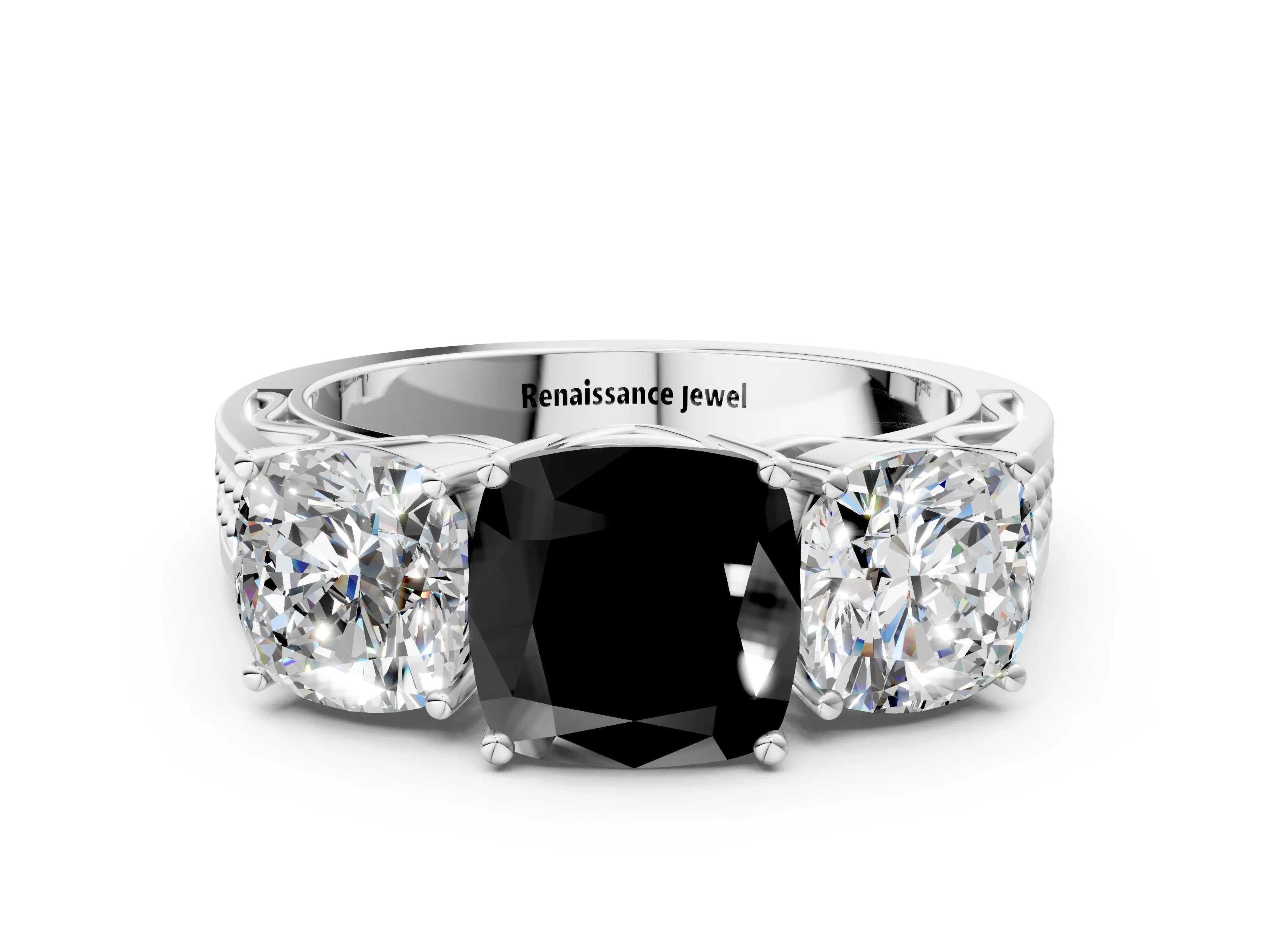 White gold Fancy Black Cushion Cut Diamond Three-Stone Ring with Prong Setting and Textured Band_12