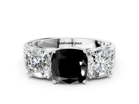 White gold Fancy Black Cushion Cut Diamond Three-Stone Ring with Prong Setting and Textured Band_12