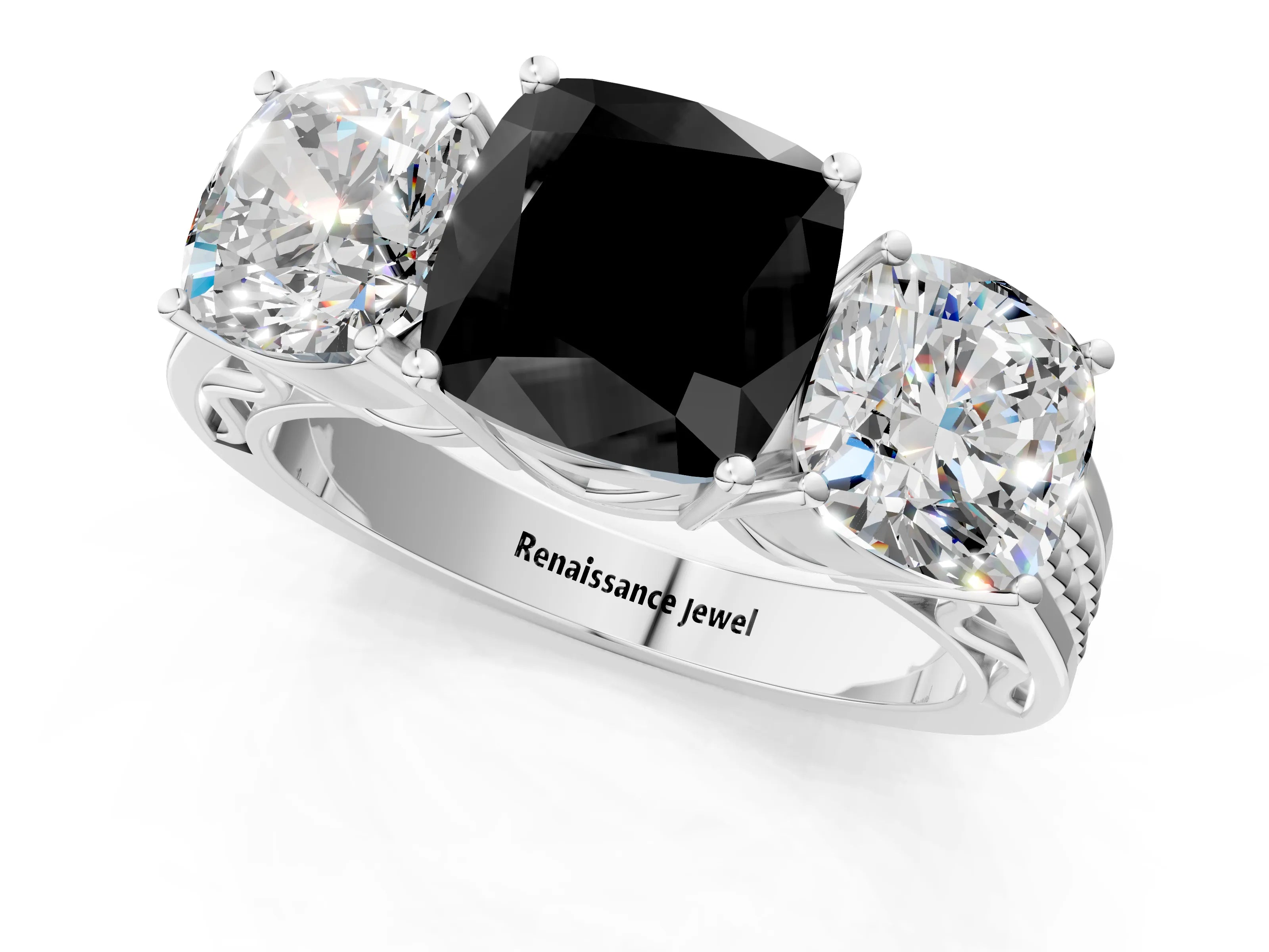 White gold Fancy Black Cushion Cut Diamond Three-Stone Ring with Prong Setting and Textured Band_13
