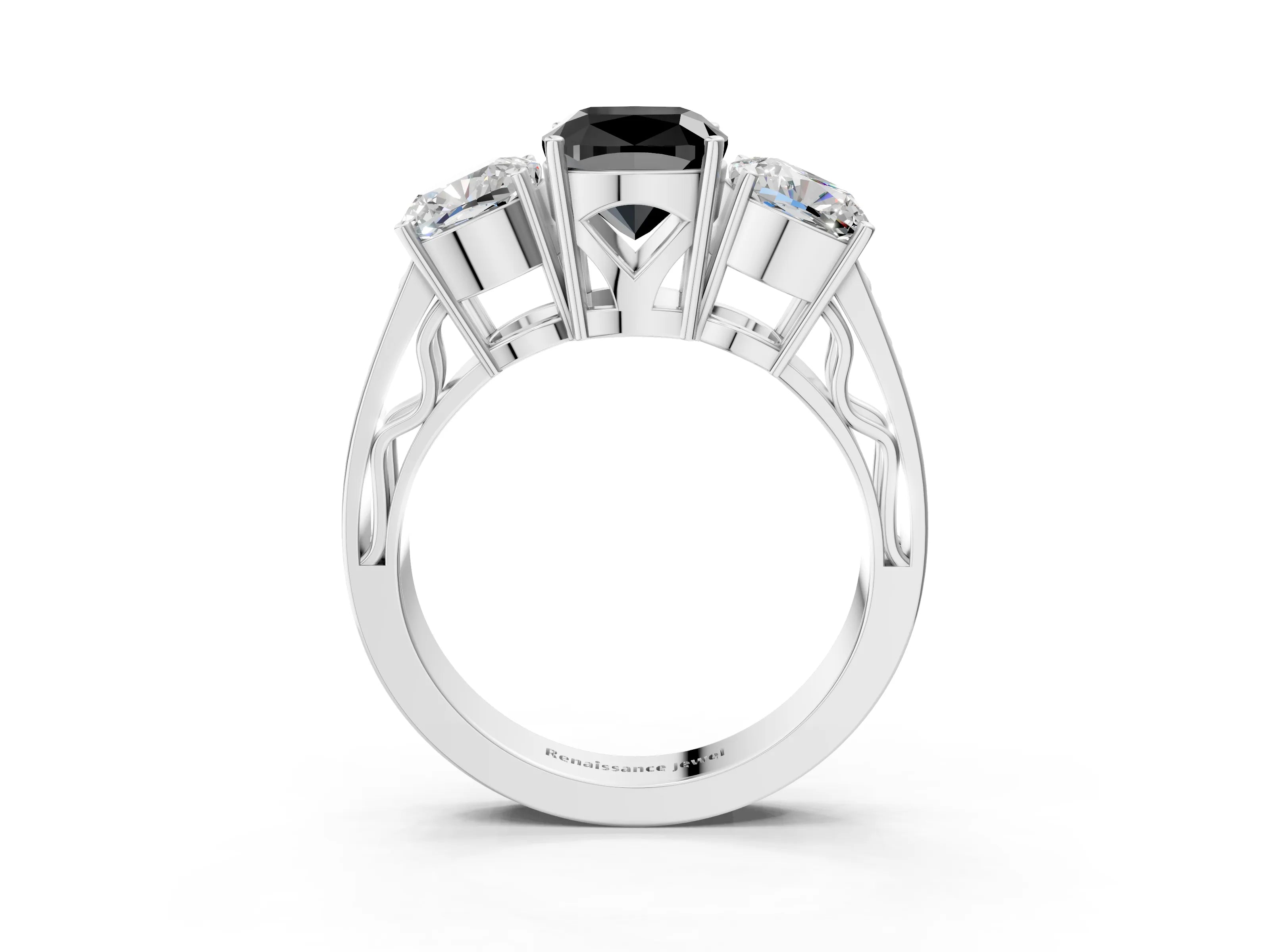 White gold Fancy Black Cushion Cut Diamond Three-Stone Ring with Prong Setting and Textured Band_15