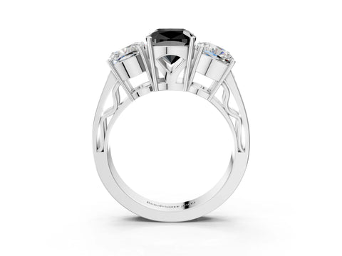 White gold Fancy Black Cushion Cut Diamond Three-Stone Ring with Prong Setting and Textured Band_15