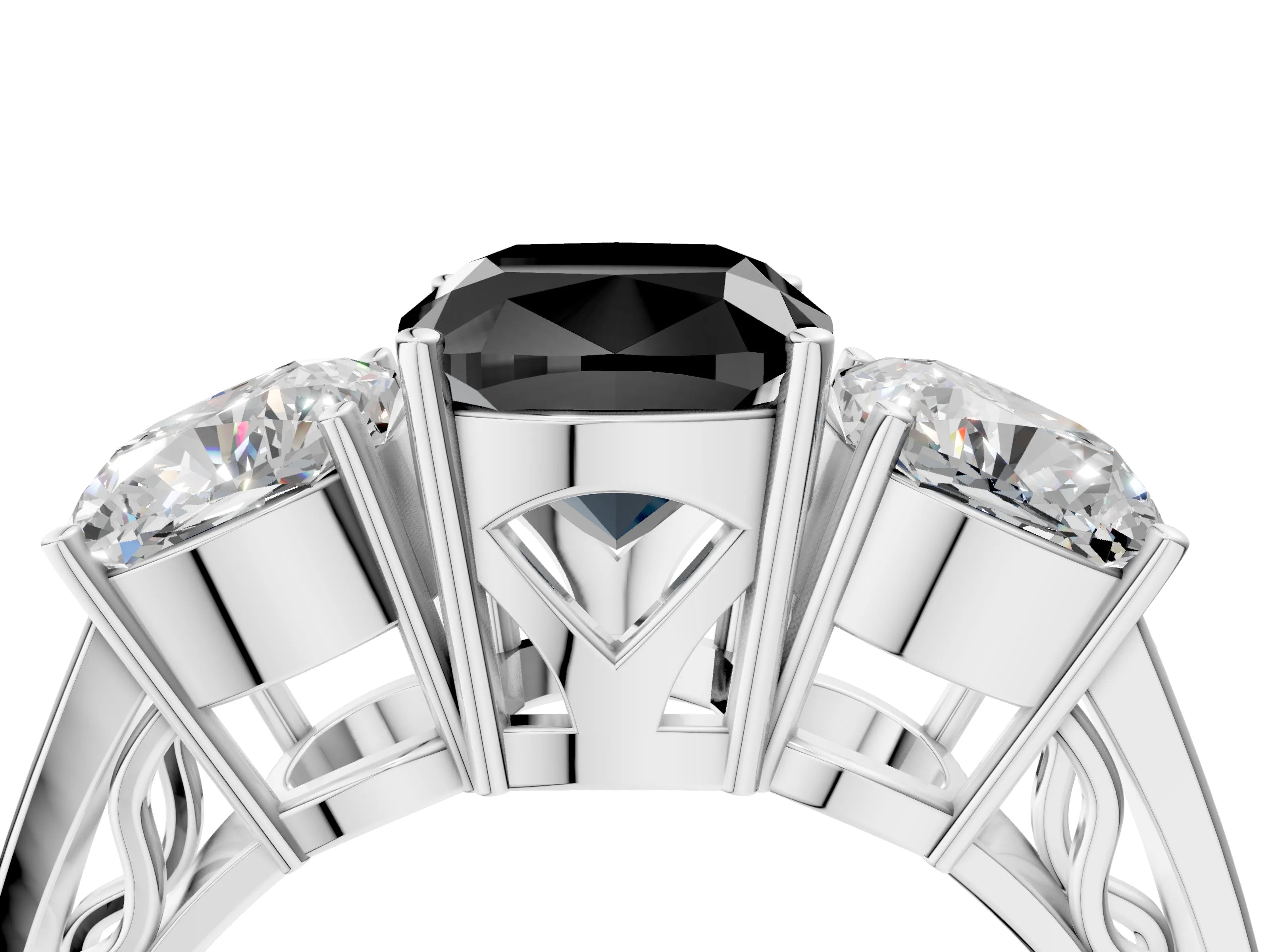 White gold Fancy Black Cushion Cut Diamond Three-Stone Ring with Prong Setting and Textured Band_16