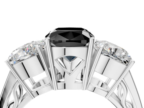 White gold Fancy Black Cushion Cut Diamond Three-Stone Ring with Prong Setting and Textured Band_16