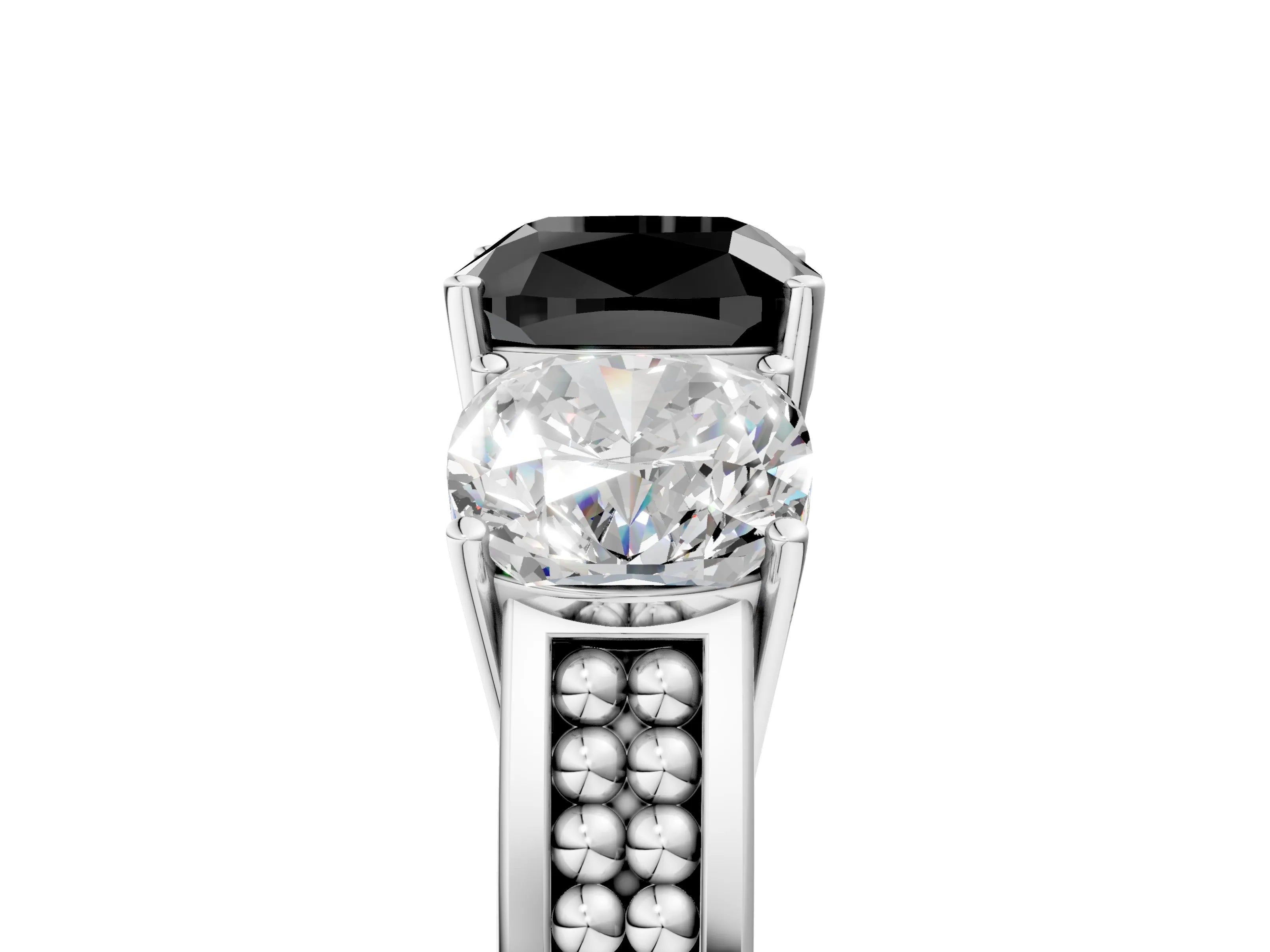 White gold Fancy Black Cushion Cut Diamond Three-Stone Ring with Prong Setting and Textured Band_17