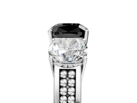 White gold Fancy Black Cushion Cut Diamond Three-Stone Ring with Prong Setting and Textured Band_17