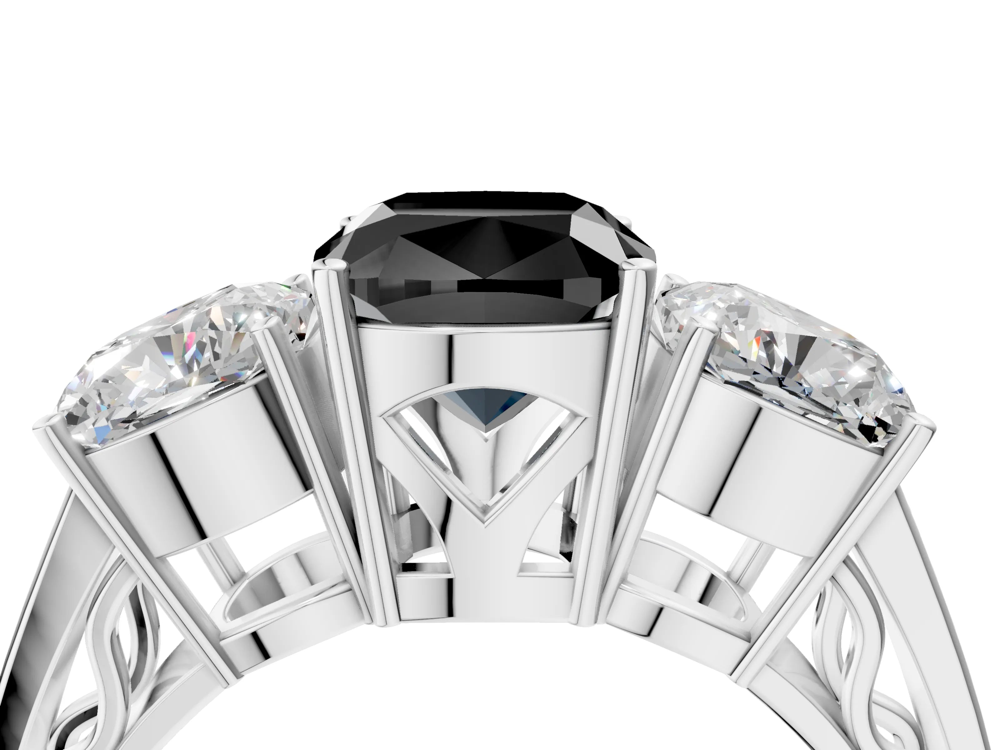 White gold Fancy Black Cushion Cut Diamond Three-Stone Ring with Prong Setting and Textured Band_4
