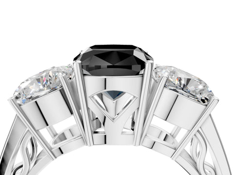 White gold Fancy Black Cushion Cut Diamond Three-Stone Ring with Prong Setting and Textured Band_4